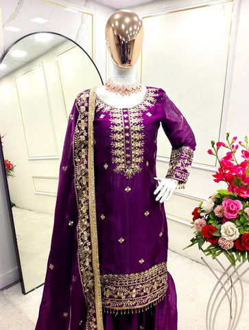 Party Wear Purple Color Pure Zimmy Chu Silk With Heavy Embroidery Sequence Work Sharara Suit