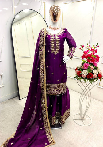 Party Wear Purple Color Pure Zimmy Chu Silk With Heavy Embroidery Sequence Work Sharara Suit