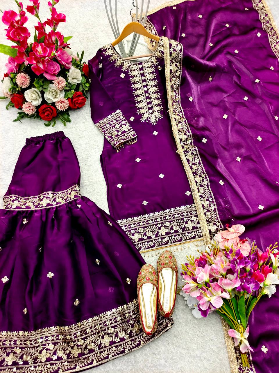 Party Wear Purple Color Pure Zimmy Chu Silk With Heavy Embroidery Sequence Work Sharara Suit