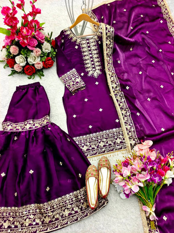 Party Wear Purple Color Pure Zimmy Chu Silk With Heavy Embroidery Sequence Work Sharara Suit