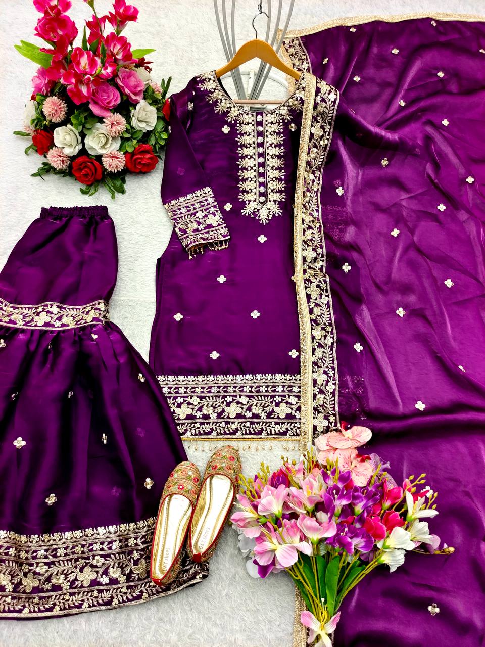 Party Wear Purple Color Pure Zimmy Chu Silk With Heavy Embroidery Sequence Work Sharara Suit