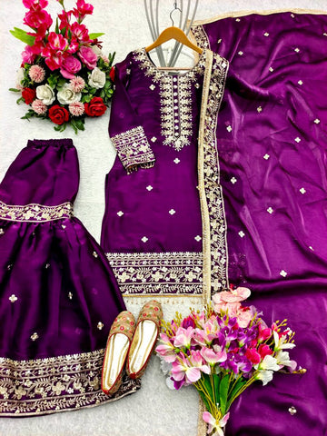 Party Wear Purple Color Pure Zimmy Chu Silk With Heavy Embroidery Sequence Work Sharara Suit