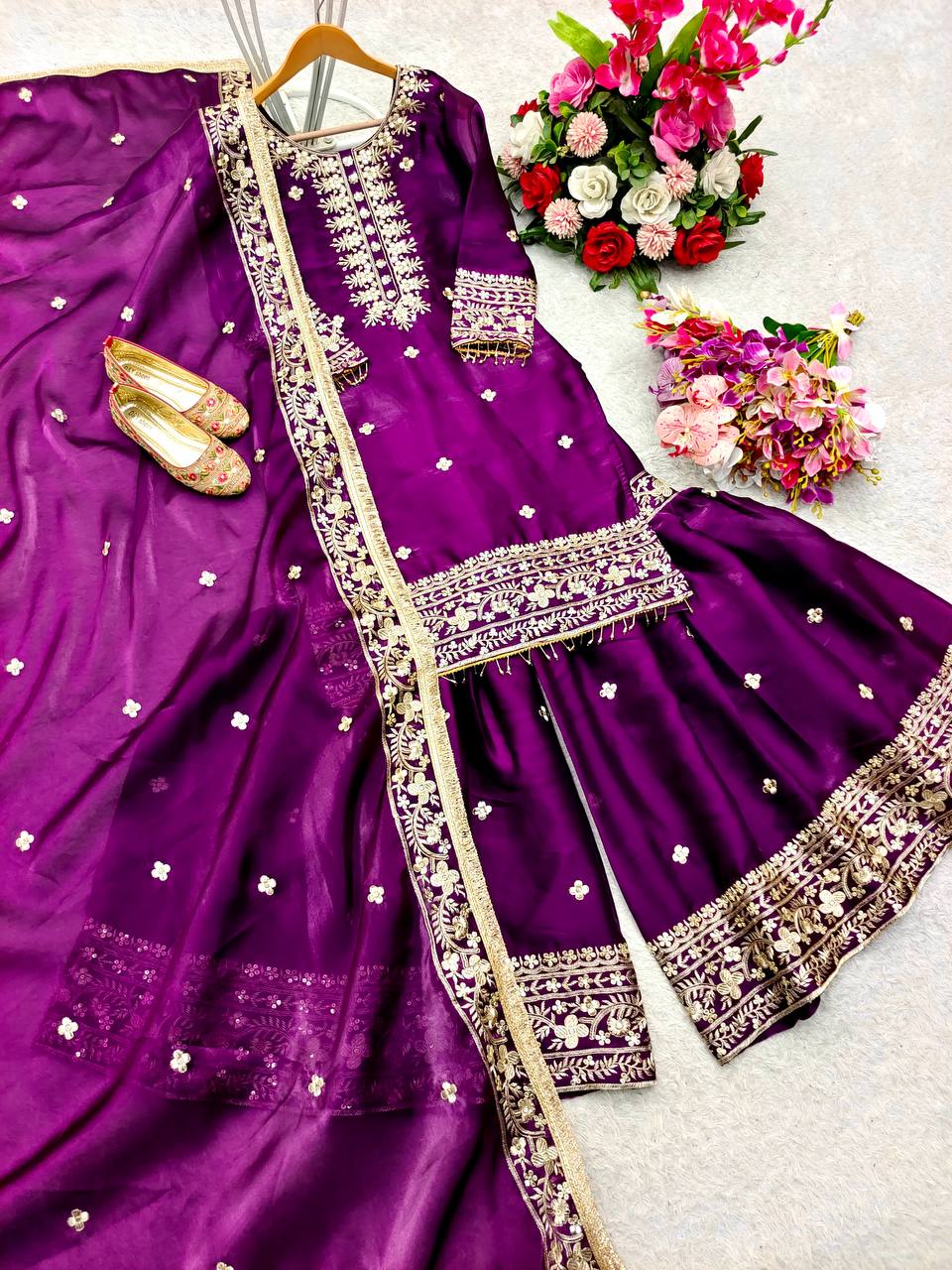 Party Wear Purple Color Pure Zimmy Chu Silk With Heavy Embroidery Sequence Work Sharara Suit