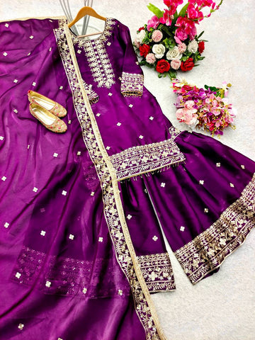 Party Wear Purple Color Pure Zimmy Chu Silk With Heavy Embroidery Sequence Work Sharara Suit