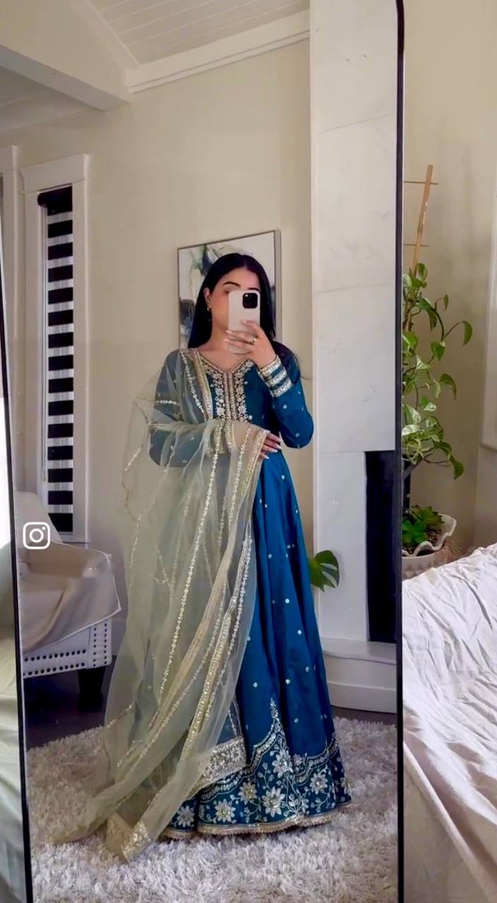Festive Wear Blue Color Pure Satin Silk With Heavy Embroidery Work Designer Gown