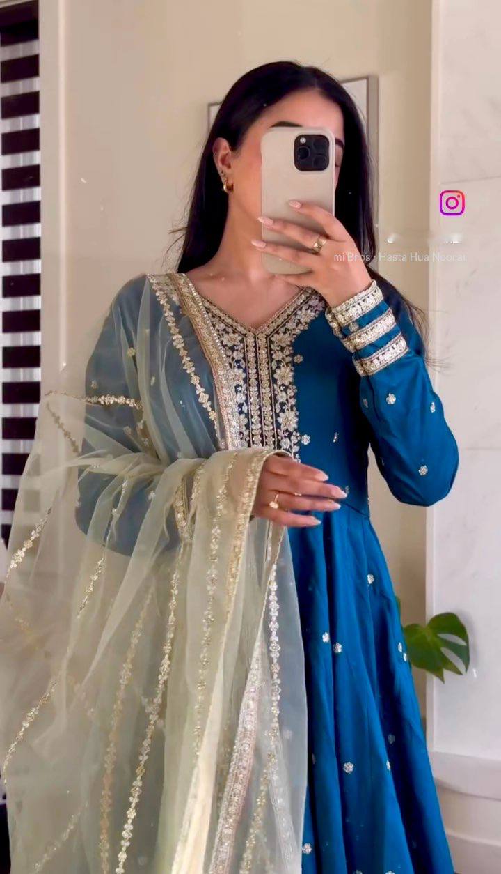 Festive Wear Blue Color Pure Satin Silk With Heavy Embroidery Work Designer Gown