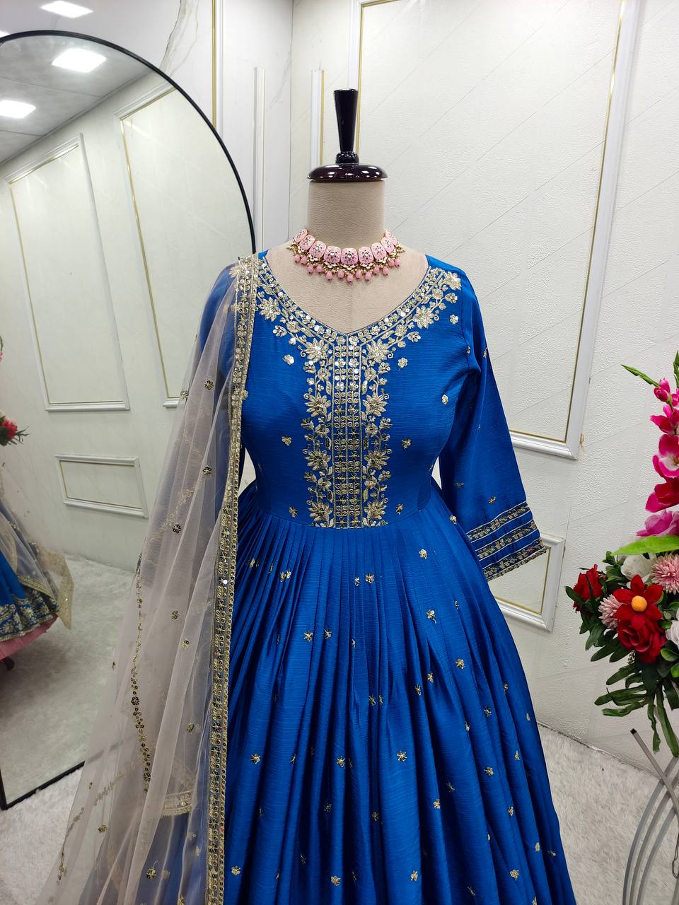 Festive Wear Blue Color Pure Satin Silk With Heavy Embroidery Work Designer Gown