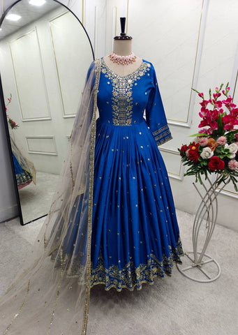 Festive Wear Blue Color Pure Satin Silk With Heavy Embroidery Work Designer Gown