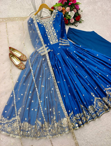 Festive Wear Blue Color Pure Satin Silk With Heavy Embroidery Work Designer Gown