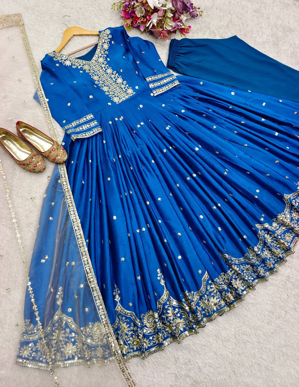 Festive Wear Blue Color Pure Satin Silk With Heavy Embroidery Work Designer Gown