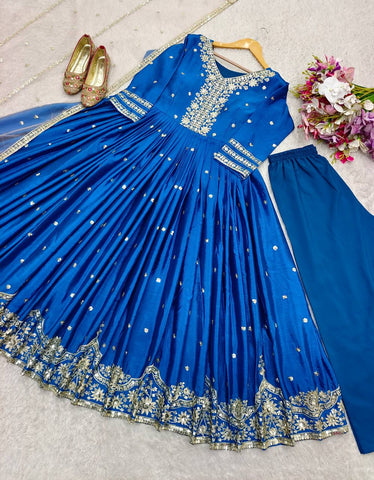 Festive Wear Blue Color Pure Satin Silk With Heavy Embroidery Work Designer Gown