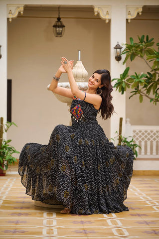 Navratri Collection Black Color Georgette Bandani Printed With Real Mirror Gown