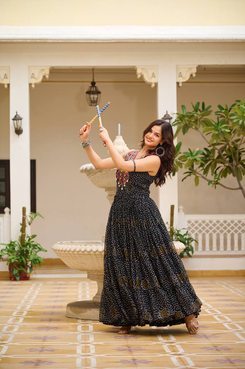 Navratri Collection Black Color Georgette Bandani Printed With Real Mirror Gown