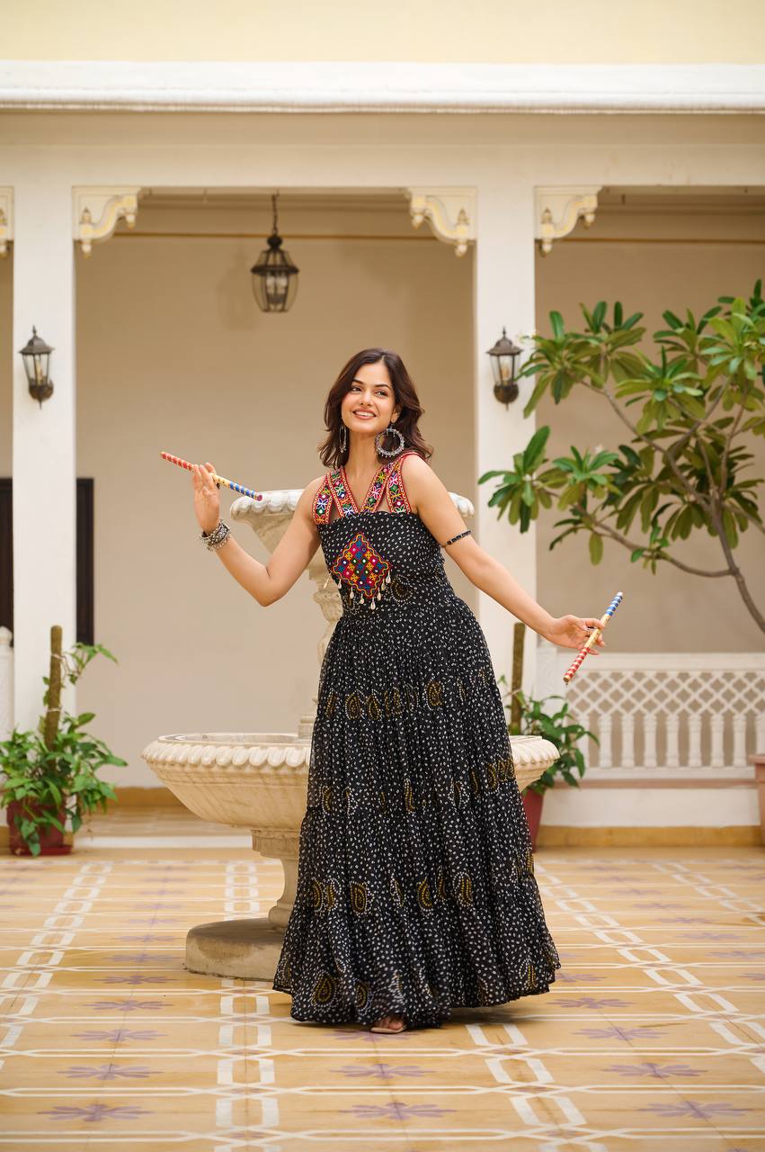 Navratri Collection Black Color Georgette Bandani Printed With Real Mirror Gown