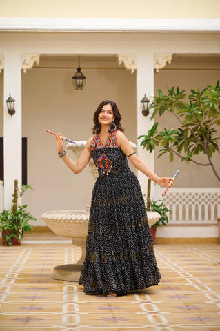 Navratri Collection Black Color Georgette Bandani Printed With Real Mirror Gown