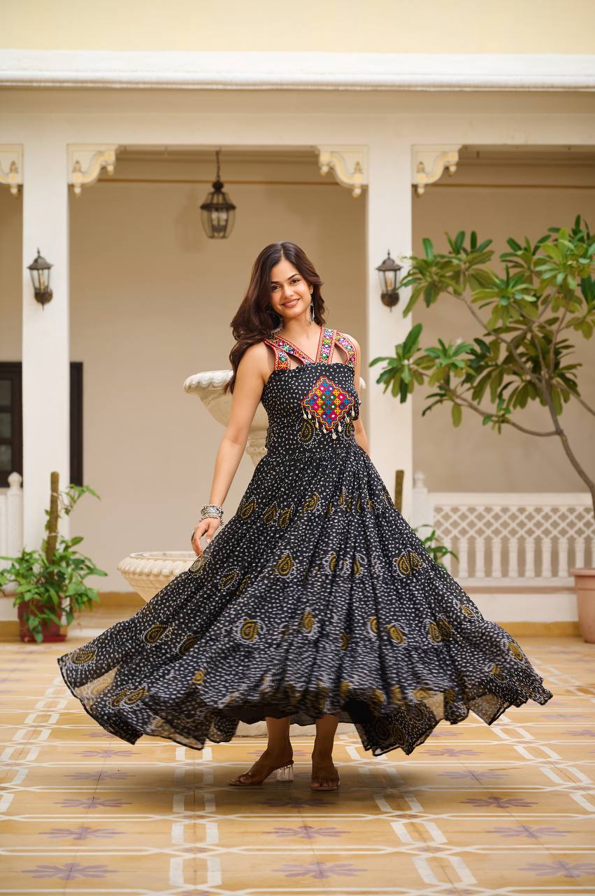 Navratri Collection Black Color Georgette Bandani Printed With Real Mirror Gown