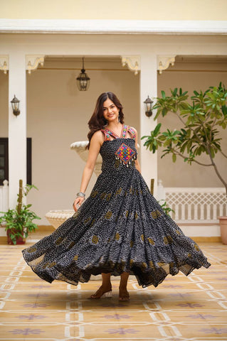 Navratri Collection Black Color Georgette Bandani Printed With Real Mirror Gown