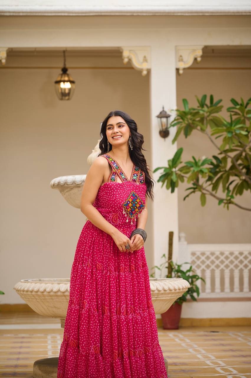 Navratri Collection Pink Color Georgette Bandani Printed With Real Mirror Gown