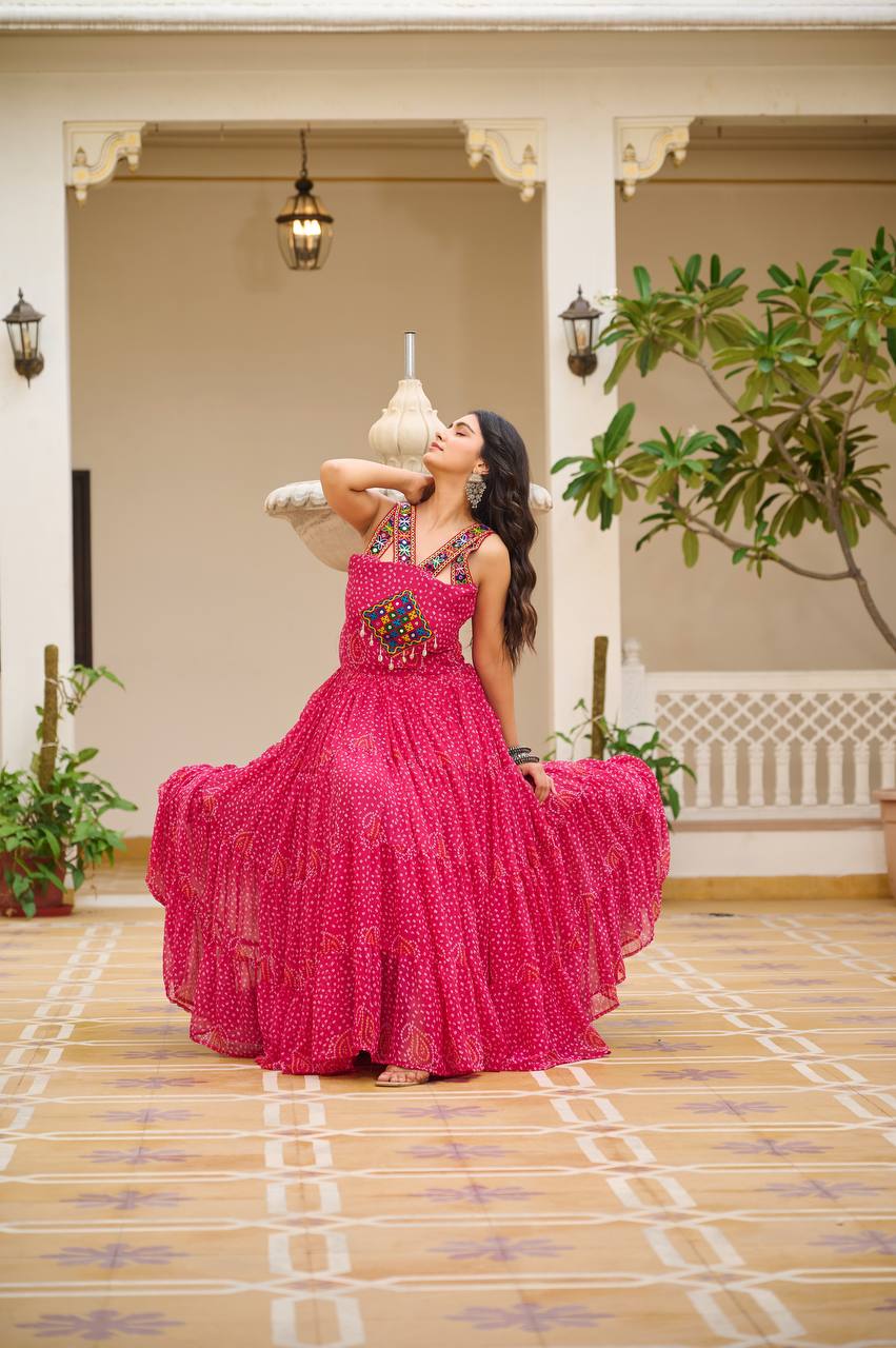 Navratri Collection Pink Color Georgette Bandani Printed With Real Mirror Gown