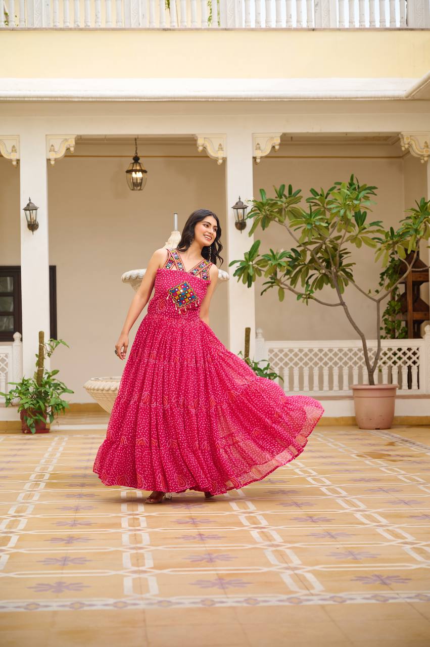 Navratri Collection Pink Color Georgette Bandani Printed With Real Mirror Gown