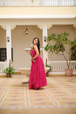 Navratri Collection Pink Color Georgette Bandani Printed With Real Mirror Gown