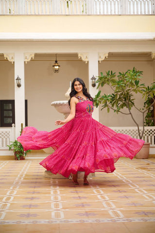 Navratri Collection Pink Color Georgette Bandani Printed With Real Mirror Gown