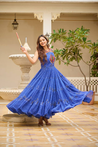 Navratri Collection Blue Color Georgette Bandani Printed With Real Mirror Gown