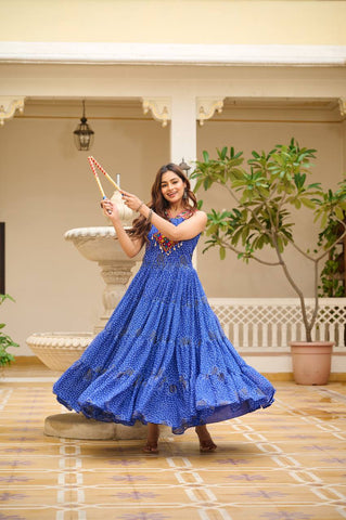 Navratri Collection Blue Color Georgette Bandani Printed With Real Mirror Gown