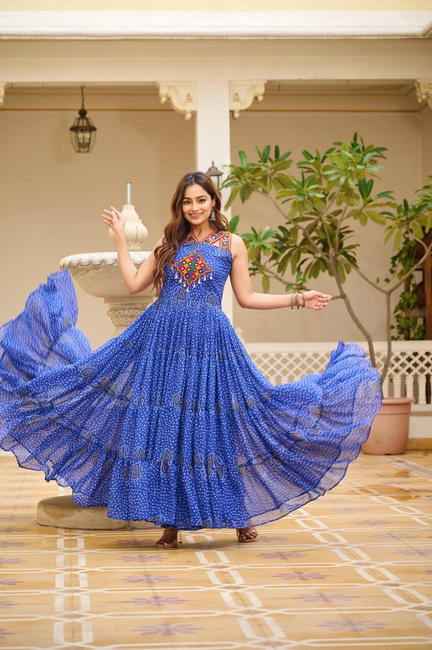 Navratri Collection Blue Color Georgette Bandani Printed With Real Mirror Gown