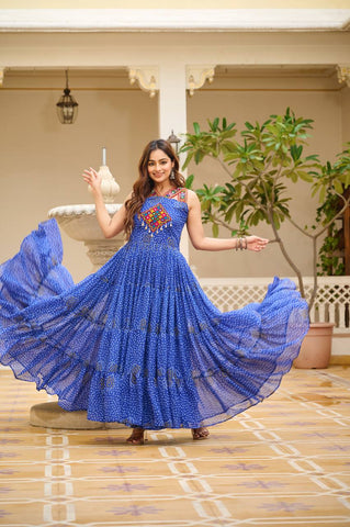 Navratri Collection Blue Color Georgette Bandani Printed With Real Mirror Gown