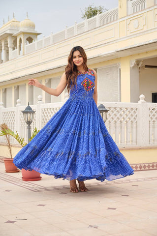 Navratri Collection Blue Color Georgette Bandani Printed With Real Mirror Gown