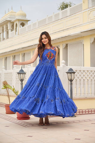 Navratri Collection Blue Color Georgette Bandani Printed With Real Mirror Gown