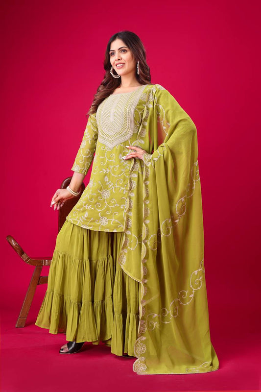 Ceremony Wear Lamon Green Color Heavy Georgette Embroidery Work Sharara Suit