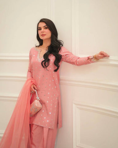 Wedding Wear Peach Color Heavy Chinnon Silk Fancy Less Border Work Salwar Suit