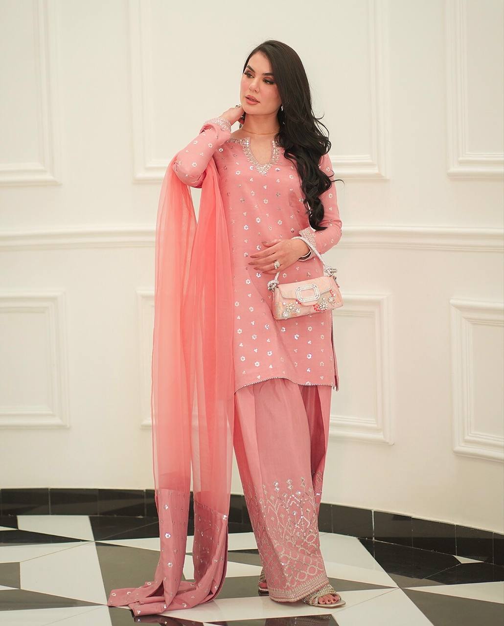 Wedding Wear Peach Color Heavy Chinnon Silk Fancy Less Border Work Salwar Suit