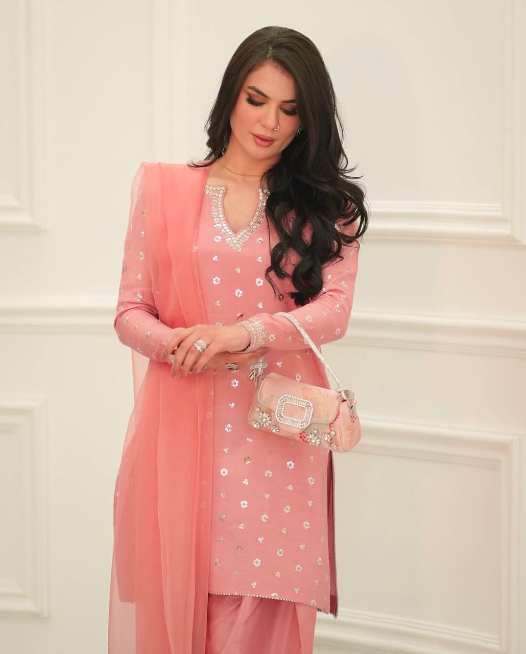 Wedding Wear Peach Color Heavy Chinnon Silk Fancy Less Border Work Salwar Suit