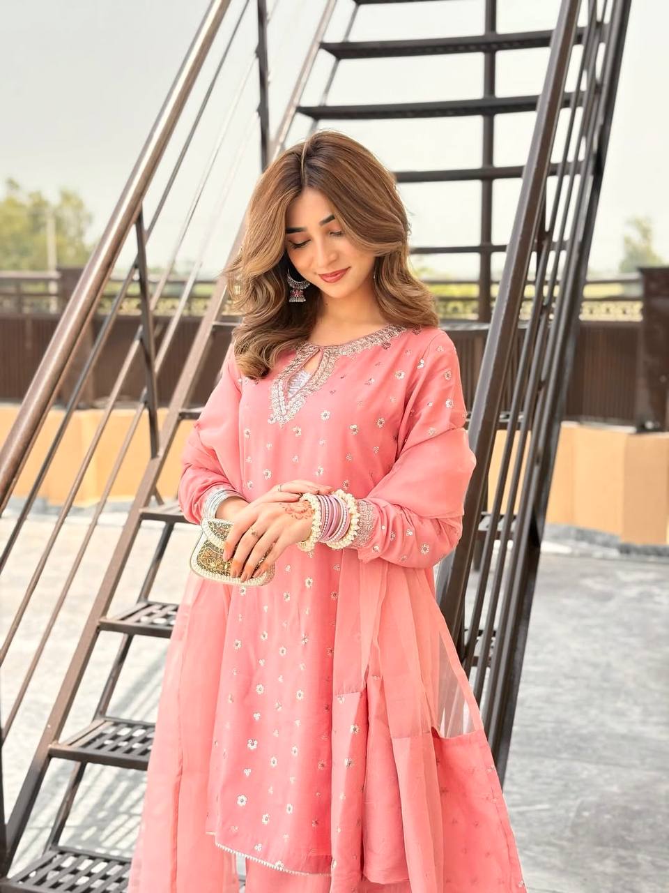 Wedding Wear Peach Color Heavy Chinnon Silk Fancy Less Border Work Salwar Suit