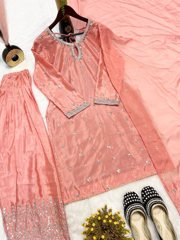 Wedding Wear Peach Color Heavy Chinnon Silk Fancy Less Border Work Salwar Suit