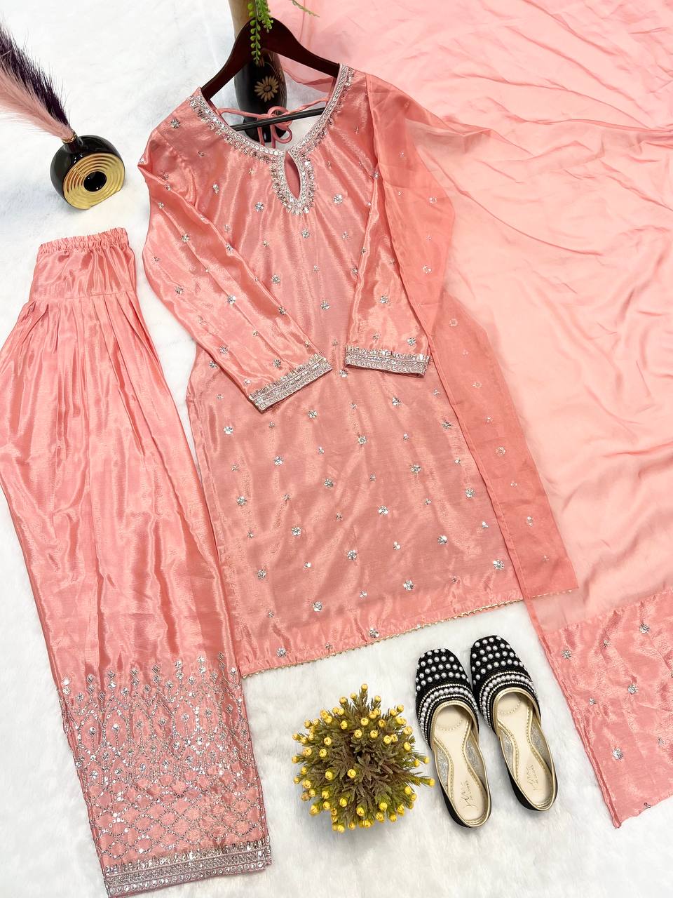 Wedding Wear Peach Color Heavy Chinnon Silk Fancy Less Border Work Salwar Suit