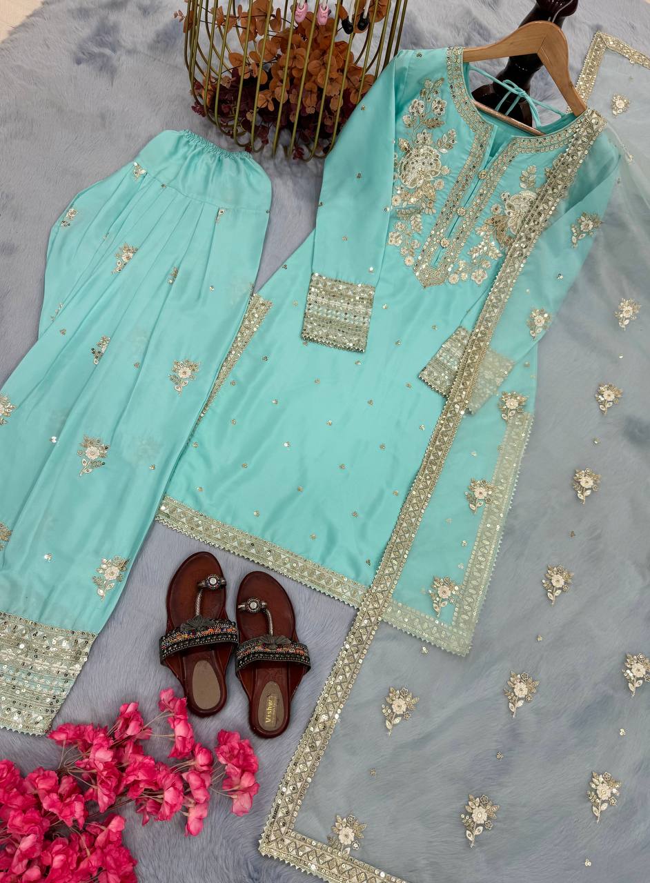Party Wear Sky Blue Pure Natural Crepe With Embroidery Sequence Work Palazzo Suit