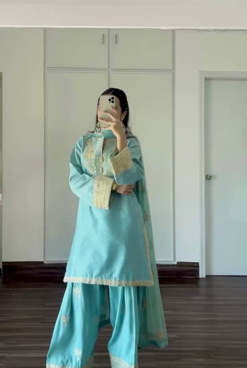 Party Wear Sky Blue Pure Natural Crepe With Embroidery Sequence Work Palazzo Suit