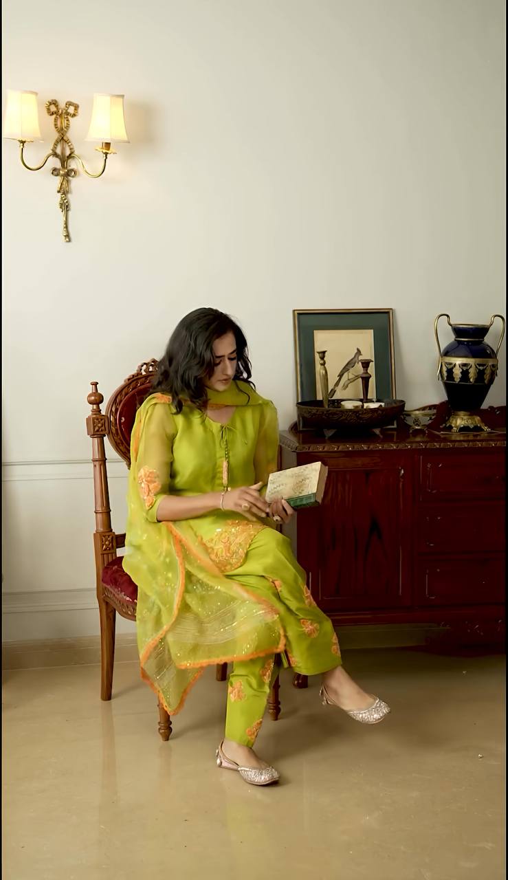 Engagement Wear Mehndi Color Natural Crep Silk With Embrodary Siquance Work Salwar Suit