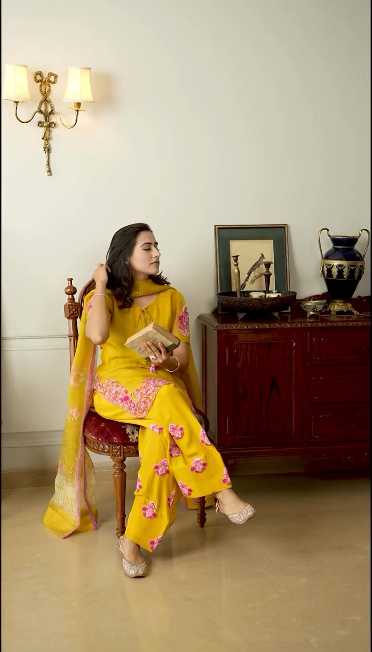 Engagement Wear Haldi Special Yellow Color Natural Crep Silk With Embrodary Siquance Work Salwar Suit