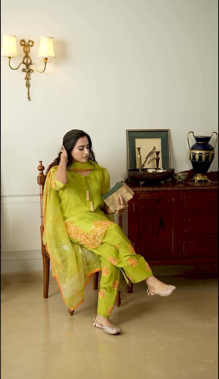 Engagement Wear Mehndi Color Natural Crep Silk With Embrodary Siquance Work Salwar Suit