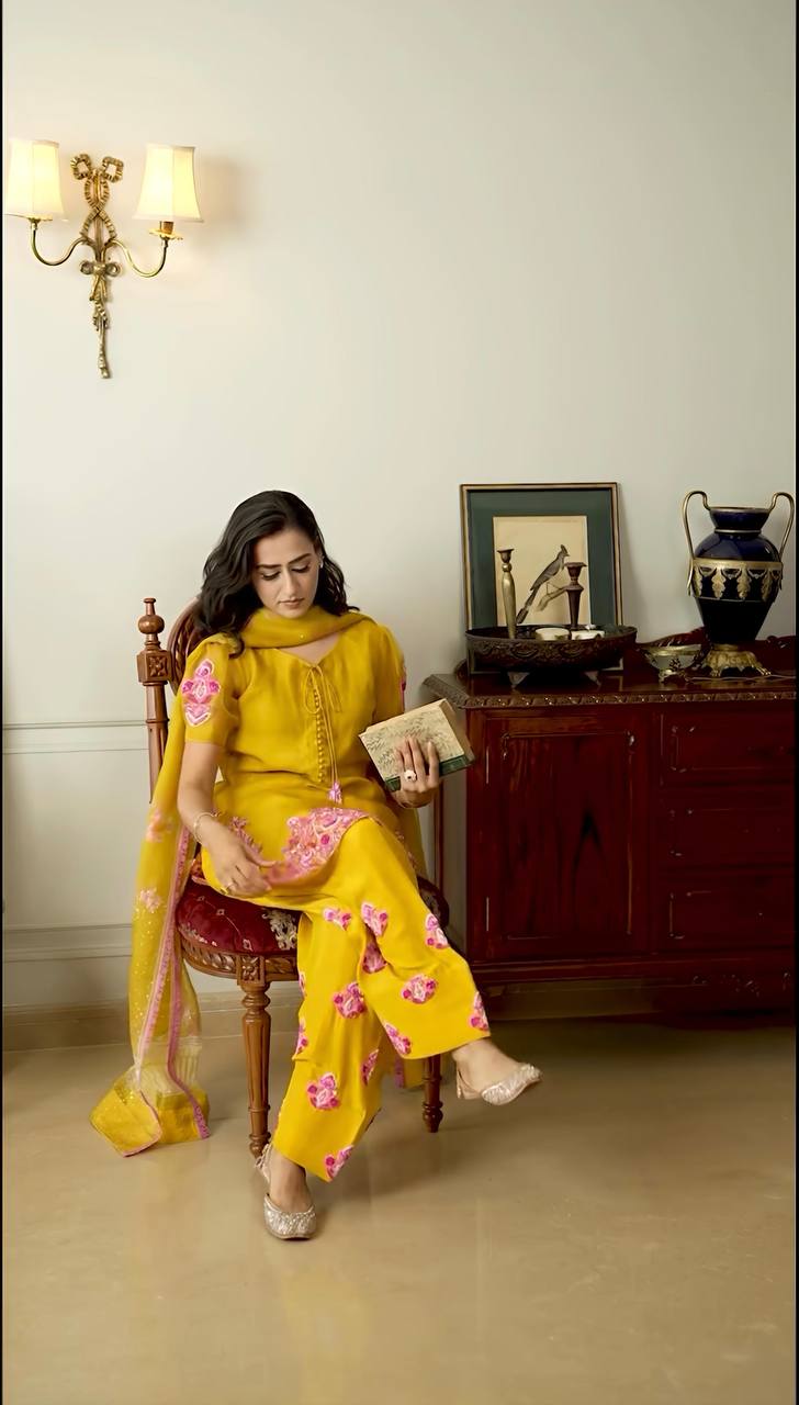 Engagement Wear Haldi Special Yellow Color Natural Crep Silk With Embrodary Siquance Work Salwar Suit