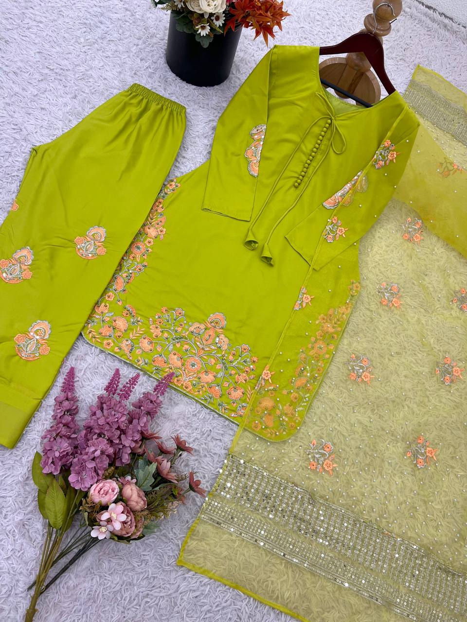 Engagement Wear Mehndi Color Natural Crep Silk With Embrodary Siquance Work Salwar Suit