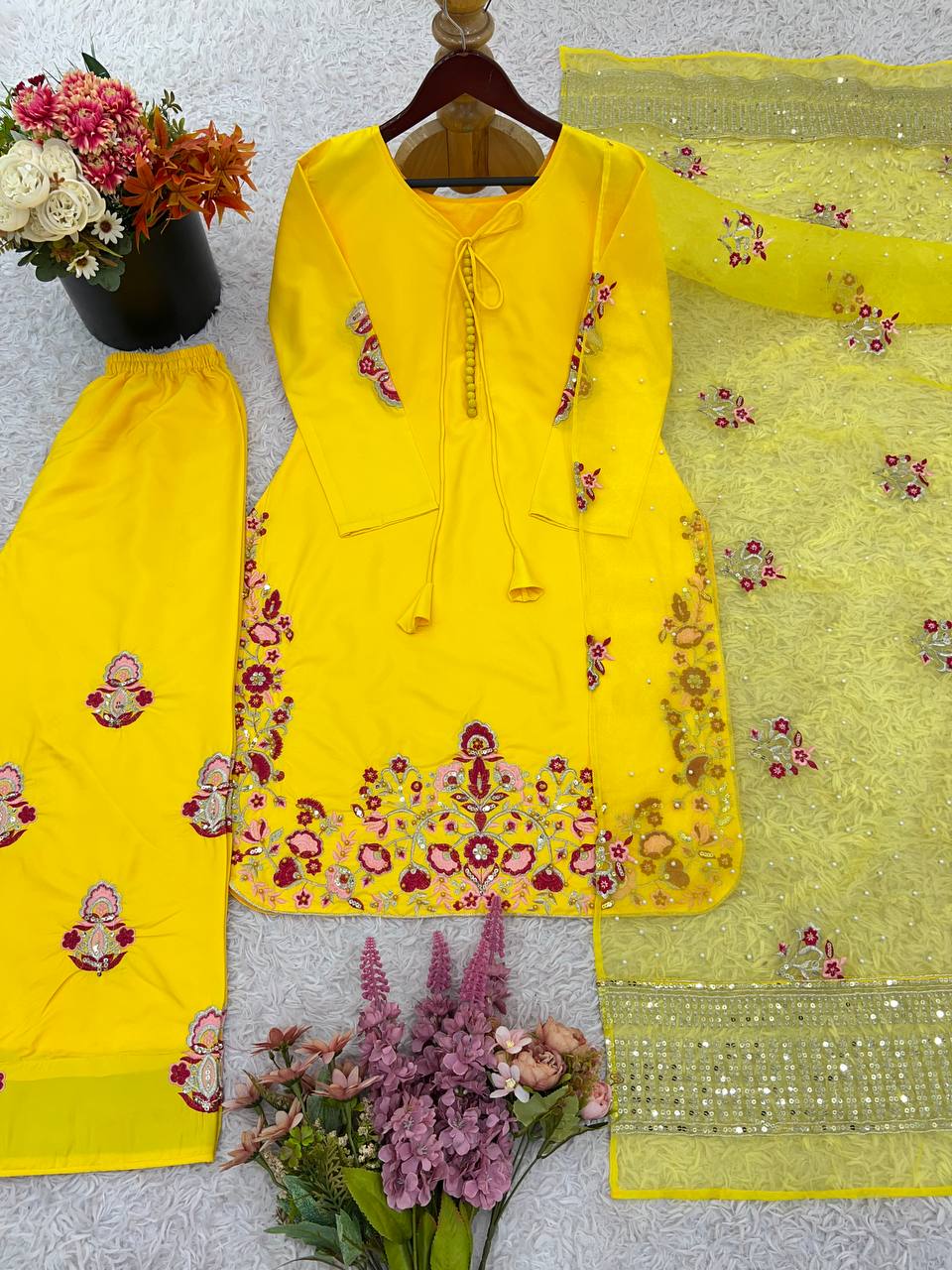 Engagement Wear Haldi Special Yellow Color Natural Crep Silk With Embrodary Siquance Work Salwar Suit