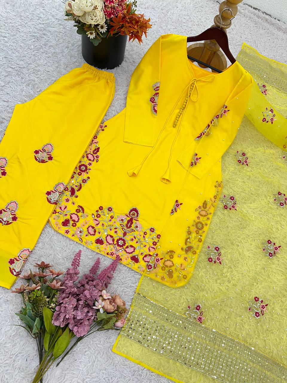 Engagement Wear Haldi Special Yellow Color Natural Crep Silk With Embrodary Siquance Work Salwar Suit
