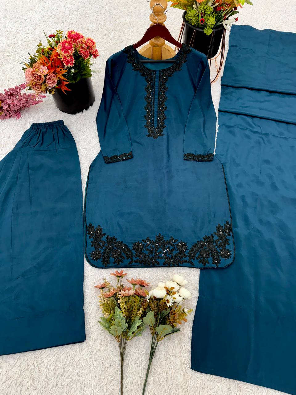 Celebrity Style Teal Blue Color Pure Natural Crep Silk With Embroidery Sequence Work Palazzo suit