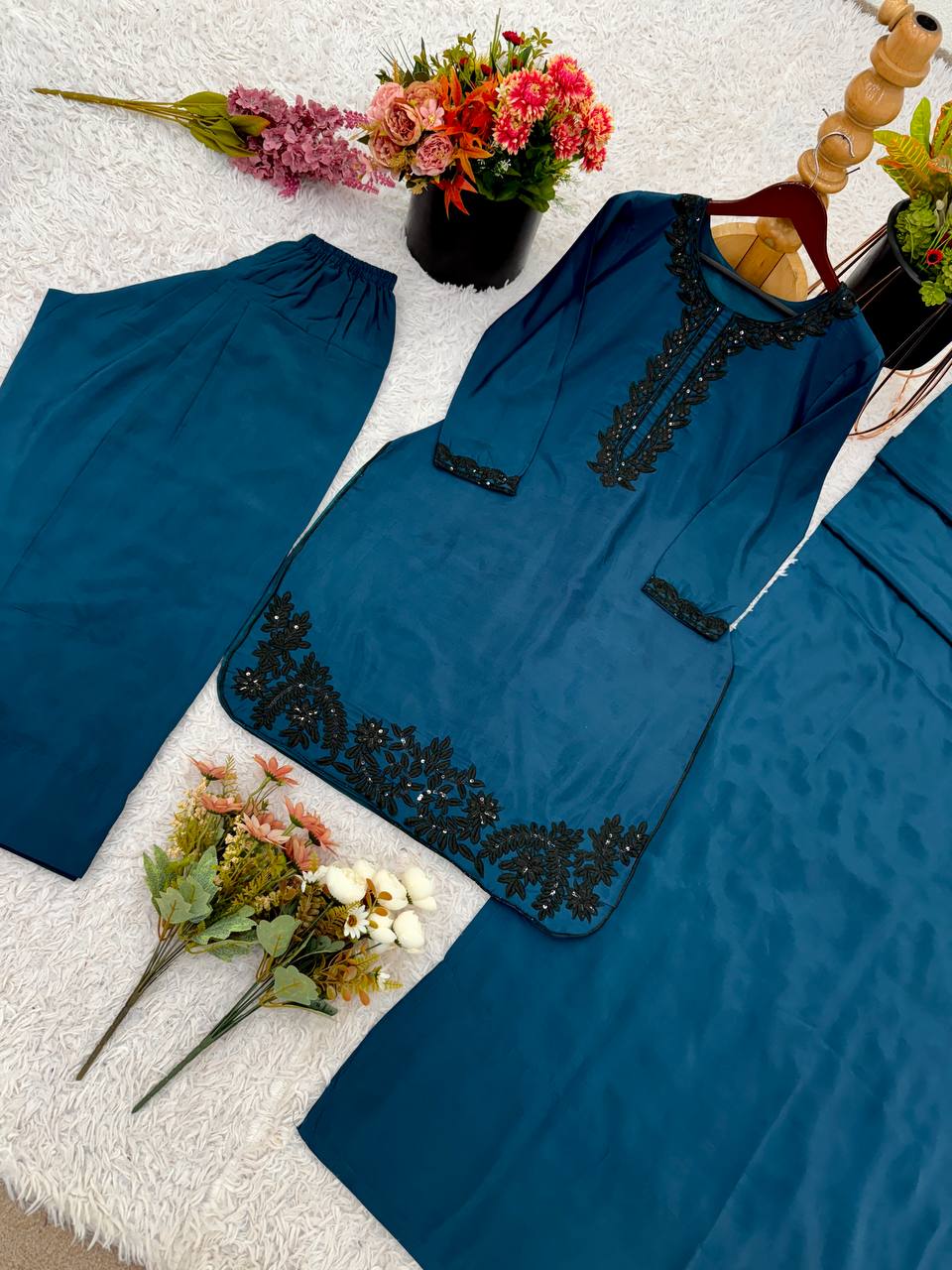 Celebrity Style Teal Blue Color Pure Natural Crep Silk With Embroidery Sequence Work Palazzo suit